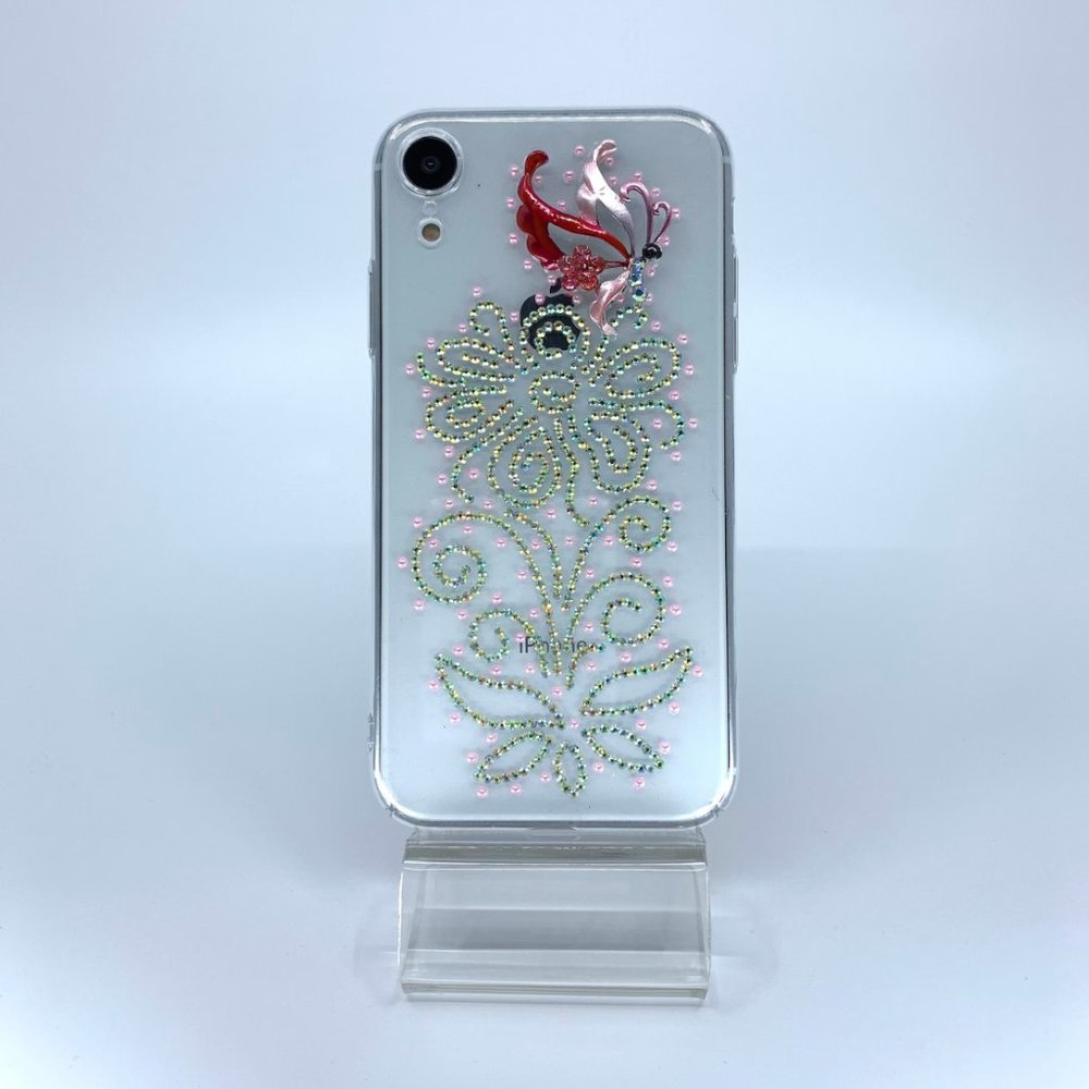 iPhone XR case. PC material. Handmade. Aurora borealis, pearl pink rhinestones.